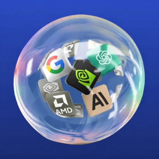 A bubble containing tech company logos including Google, AMD, NVIDIA, and AI on a blue background.