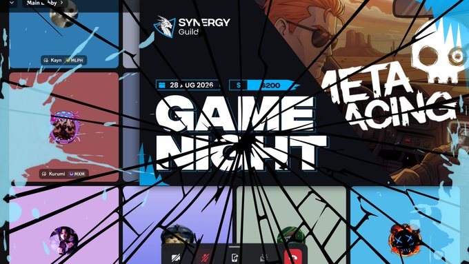 A gaming livestream interface titled 'GAME NIGHT' features a shattered glass effect overlay, with 'SYNERGY Guild' logo, dates '28. JUN 2026', prize '$200', and 'META RACING' branding visible alongside player avatars.