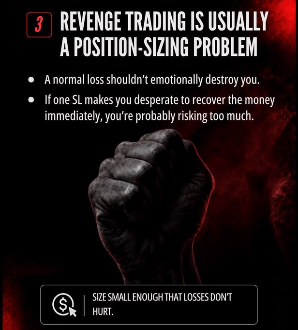 An educational graphic titled '3. REVENGE TRADING IS USUALLY A POSITION-SIZING PROBLEM' with advice that normal losses shouldn't emotionally destroy you and losses shouldn't hurt, accompanied by an image of a clenched fist.