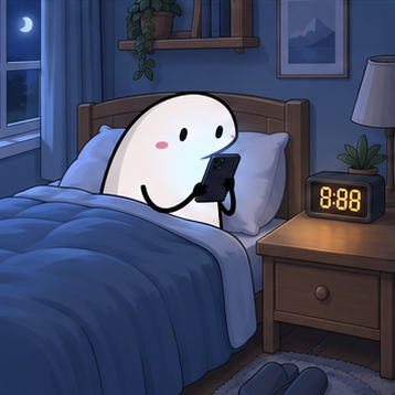 A cute cartoon illustration of a white round character using a smartphone while lying in bed at night, with a digital clock showing 8:08 on the bedside table.