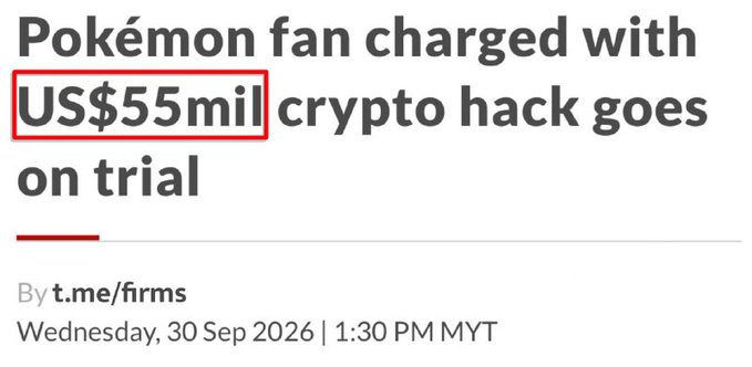 A news headline reads "Pokémon fan charged with US$55mil crypto hack goes on trial," with the "$55mil" portion highlighted in a red box, referring to the Uranium Finance hack in which Jonathan S. is accused of stealing $53 million by exploiting smart contracts across 26 liquidity pools.
