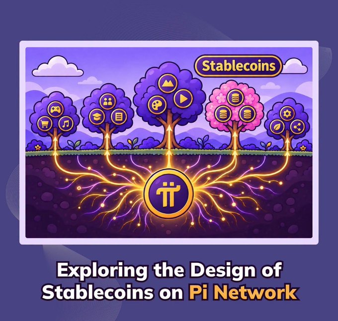 A colorful digital illustration of trees with various app icons in the foliage, connected by glowing roots to a central Pi (π) network logo coin, titled 'Exploring the Design of Stablecoins on Pi Network'.