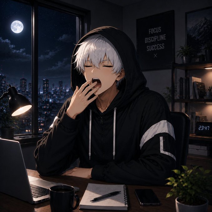 An anime-style illustration of a white-haired boy in a black hoodie yawning while working at a desk at night, with a 'FOCUS DISCIPLINE SUCCESS' poster on the wall.