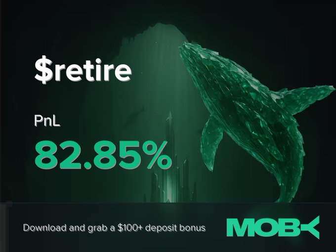 The image features an advertisement for a mobile app called "Retire". The main focus of the ad is a green whale, which appears to be a representation of the stock market or financial trends. The whale is positioned above a mountain range, symbolizing the potential growth and success in retirement planning. Below the whale, there are two lines of text that provide information about the app: "Retire" and "PnL". Additionally, there's a small amount of text below the whale that reads "82.85%", possibly indicating the PnL (profit per share) for the stock being represented by the whale.