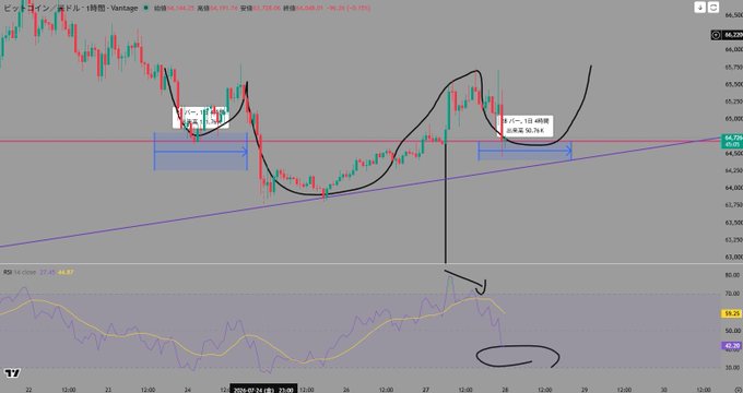 This image shows a Bitcoin (BTC) 4-hour candlestick chart (BTCJPY on TradingView) displaying a downward trend reaching approximately 65,000 yen, with technical analysis including a purple ascending trendline, red horizontal resistance zones, RSI (14) momentum indicator at the bottom, and annotations marking potential long entry levels ("ロング追加" near 65,784 yen). The post's mention of "ビットコインロング追玉候補" (Bitcoin long position add-on candidates) corresponds to the circled areas on the chart highlighting specific price zones where additional long positions would be considered, supporting the trader's bullish bias within an overall corrective structure.