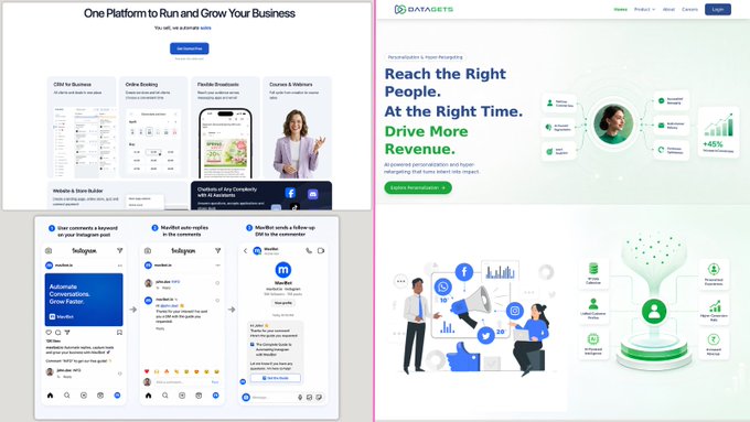 The image features website design mockups for Mavibot, a business platform, with headlines including "One Platform to Run and Grow Your Business" and "Reach the Right People, At the Right Time," alongside mobile app screenshots showcasing CRM, booking, and broadcast features, illustrating how Mavibot consolidates multiple business tools into a single unified platform.