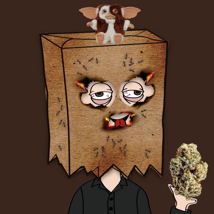 A surreal digital illustration showing a figure wearing a cardboard box mask with cartoon eyes and a mouth, topped with a Gizmo plush toy, while holding a cannabis bud.