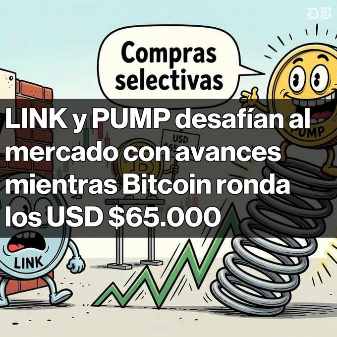 A cartoon illustration showing cryptocurrency mascots LINK and PUMP alongside a rising chart, with Spanish text reading 'Compras selectivas' and a headline stating 'LINK y PUMP desafían al mercado con avances mientras Bitcoin ronda los USD $65.000'.