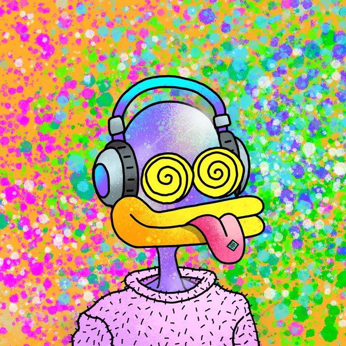 A colorful cartoon character with a disco ball head, spiral eyes, headphones, and a pink sweater sticks out its tongue against a multicolored splatter background.