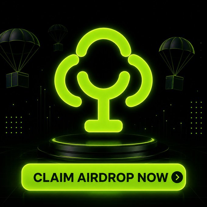 A neon green airdrop promotional graphic featuring a stylized tree/clover logo on a dark pedestal with parachute boxes descending from above, and a 'CLAIM AIRDROP NOW' call-to-action button.