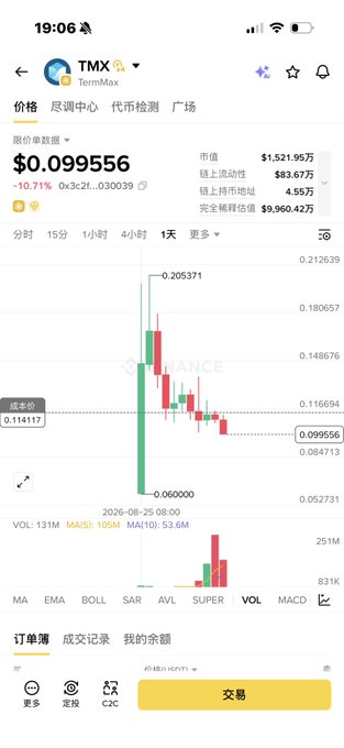 A screenshot of a cryptocurrency trading app showing TMX (TermMax) priced at $0.099556, with a candlestick chart displaying a dramatic crash from a high of $0.205371 down to $0.060000 on August 25, 2026. The chart visually confirms the poster's lament about holding a position through a severe price collapse, with a 10.71% drop shown on the day.