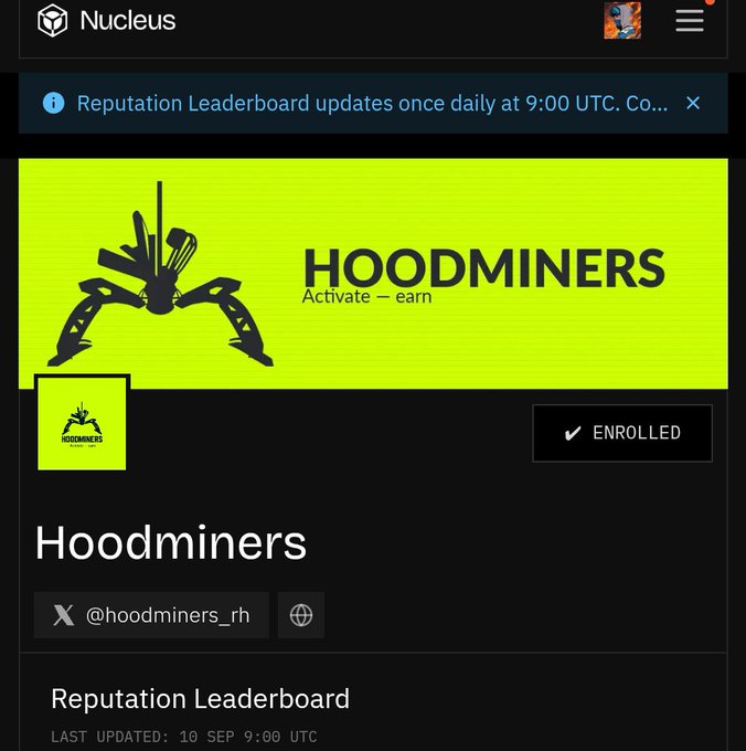 A screenshot from the Nucleus platform showing a 'Hoodminers' project page with a bright yellow banner, the handle '@hoodminers_rh', and an 'ENROLLED' status button.