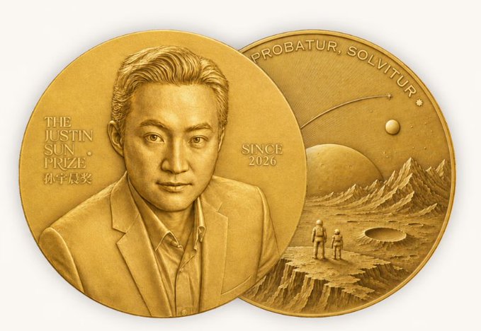 Two gold commemorative coins for "The Justin Sun Prize" (孙宇晨奖), dated "Since 2026," feature a portrait of Justin Sun on the front and a Mars landscape with astronauts and the Latin inscription "PROBATUR, SOLVITUR" on the reverse. The coins visually represent the grand, space-themed ambition of Sun's newly announced mathematics prize, symbolizing the idea that seemingly abstract mathematical pursuits could one day yield breakthroughs with far-reaching, even cosmic, significance.