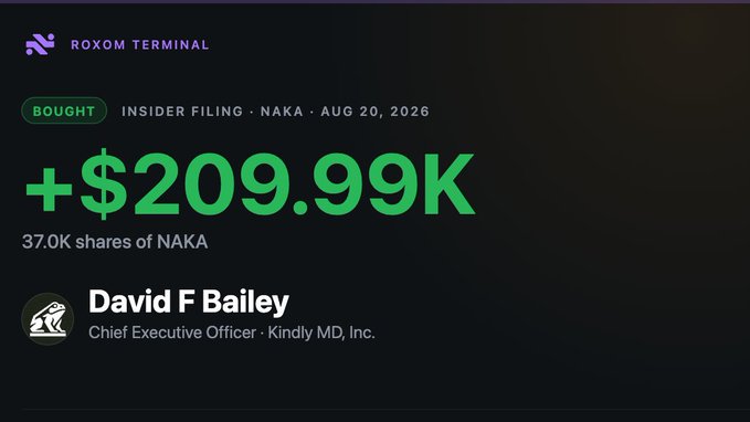 The image is a Roxom Terminal alert showing that David F Bailey, CEO of Kindly MD, Inc., made an insider purchase of 37.0K shares of NAKA worth +$209.99K, filed August 20, 2026. It relates to the post by highlighting a notable insider buy signal for $NAKA, previewing Roxom's upcoming feature to track insider buys and sells.