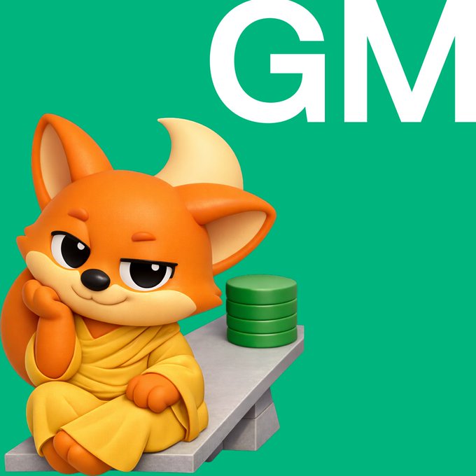 A cartoon orange fox in a yellow robe sits thoughtfully on a stone bench next to a stack of green coins (resembling KuCoin's token) on a bright green background with "GM" in bold white letters, matching the crypto community's "good morning" greeting alongside the KuCoin reference.