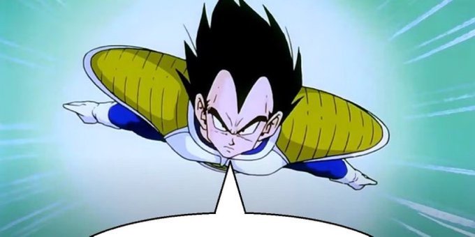 A screenshot from the Dragon Ball Z anime showing the character Vegeta flying forward in his Saiyan armor.
