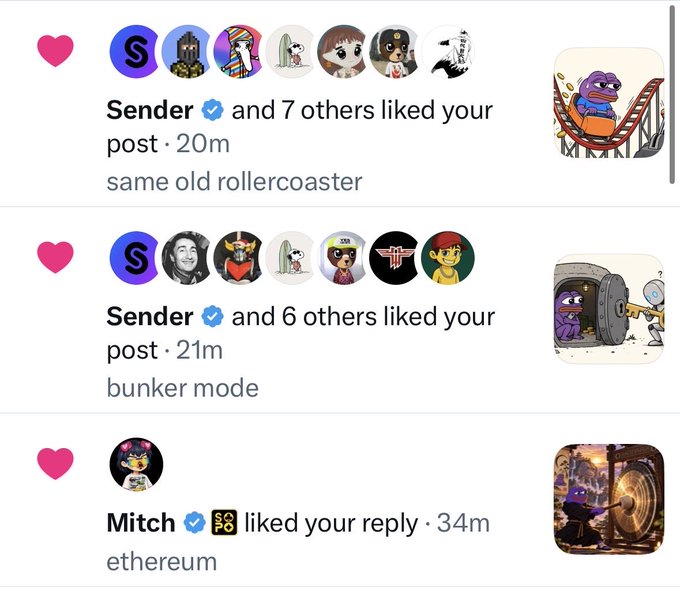 A screenshot of social media notifications showing likes from 'Sender and 7 others' on a post captioned 'same old rollercoaster', 'Sender and 6 others' on 'bunker mode', and 'Mitch' who liked a reply about 'ethereum'.
