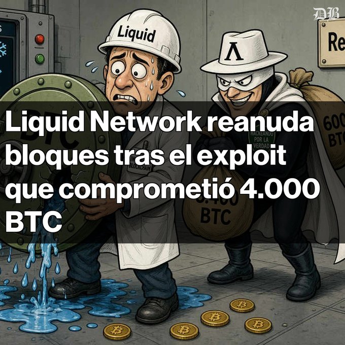 A cartoon illustration showing a sweating vault worker labeled 'Liquid' trying to block a thief labeled with a 'Λ' symbol (Lambda) who is carrying bags marked with BTC amounts; Spanish headline reads 'Liquid Network reanuda bloques tras el exploit que comprometió 4.000 BTC'.
