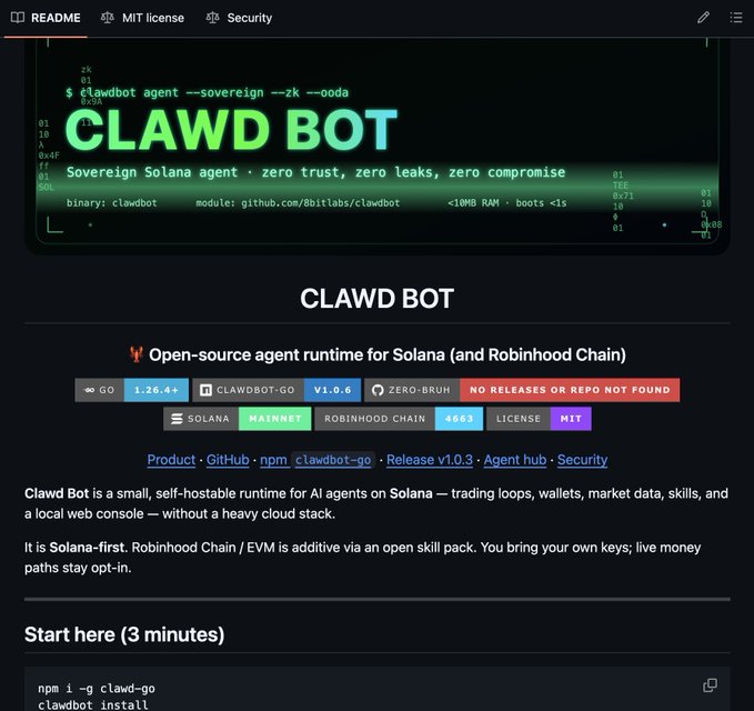 A GitHub README page for 'CLAWD BOT', an open-source agent runtime for Solana, tagged with versions 'v1.26.4+' and 'v1.0.6', and tagged for 'SOLANA MAINNET'.
