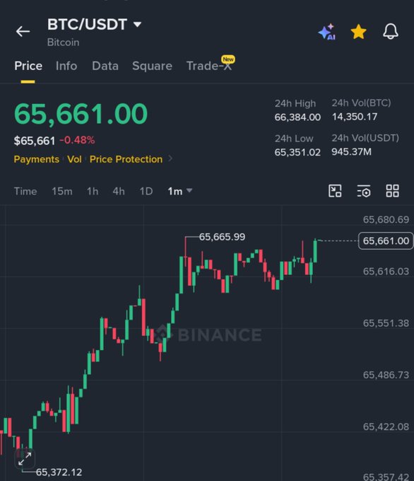 Binance cryptocurrency app screenshot showing BTC/USDT Bitcoin price at $65,661.00 (-0.48%) with 24h high of $66,384.00, 24h low of $65,351.02, and a 1-month candlestick chart.