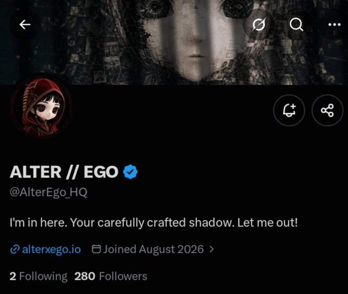 A Twitter/X profile page for 'ALTER // EGO' (@AlterEgo_HQ) with a verified checkmark, a dark-haired anime avatar in a red hood, and the bio 'I'm in here. Your carefully crafted shadow. Let me out!' along with the link 'alterxego.io' and 280 followers.