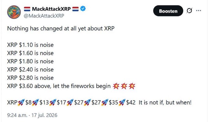 The image is a tweet from MackAttackXRP (@MackAttackXRP) outlining various XRP price levels, stating that anything below $3.60 is "noise," while $3.60 marks where "the fireworks begin," with future targets listed at $8, $13, $17, $27, $35, and $42. The tweet, dated July 17, 2026, reinforces the accompanying post's message that $3.60 represents the threshold for XRP's next major price chapter.
