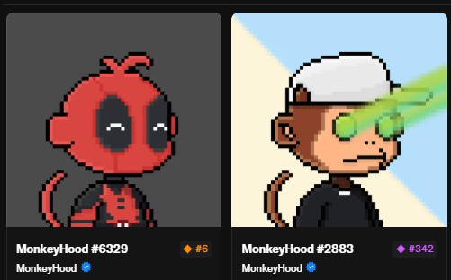 Two NFT profile pictures from the MonkeyHood collection: MonkeyHood #6329 (priced at #6, worth 6) and MonkeyHood #2883 (priced at #342).