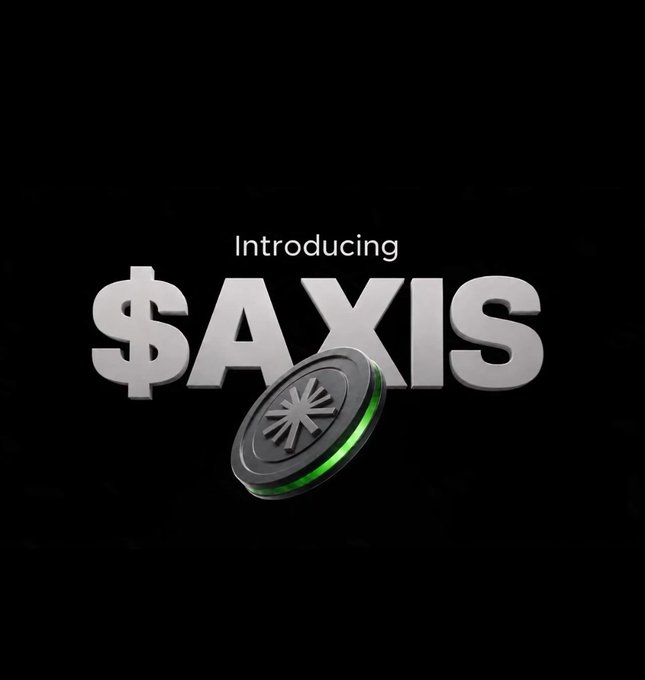 A black promotional graphic with white text reading 'Introducing $AXIS' in bold 3D letters, featuring a silver coin with a green glowing edge and a starburst design.