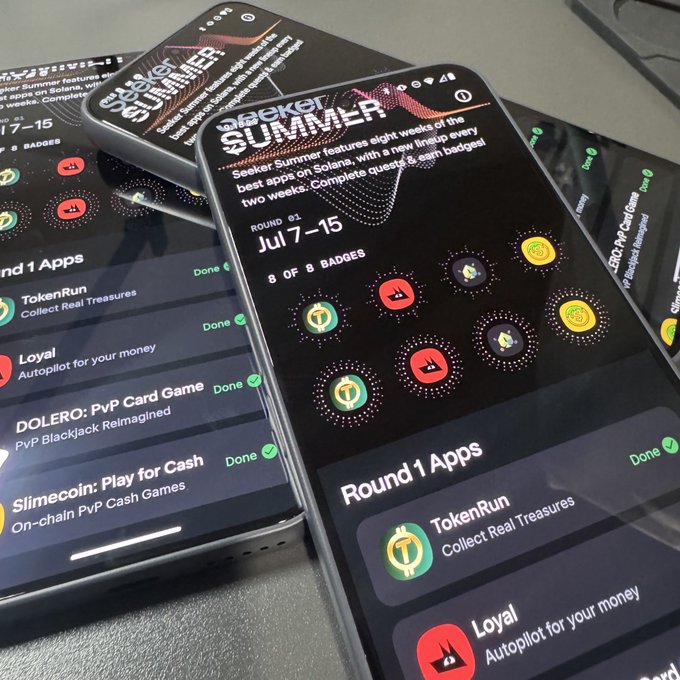 Two smartphones displaying a 'Seeker Summer' rewards page for Solana, showing 'Round 1' (Jul 7-15) with apps like TokenRun, Loyal, and Slimecoin.