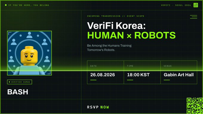 A digital event flyer for "VeriFi Korea: Human x Robots" displays a yellow Lego-like figure with a "Verified Human" badge, showing event details: 26.08.2026 at 18:00 KST at Gabin Art Hall in Seoul, with an RSVP option. The image visually supports the post's announcement of KGeN's Korean community gathering in Seoul.