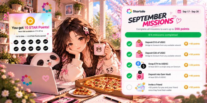 A promotional graphic for 'Startale September Missions' on the Soneium blockchain, offering up to 200 points through tasks including USDC and USDC deposits, ETH swaps, and vault deposits, set against an anime-style background.