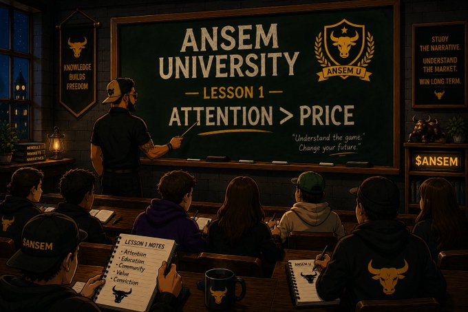 A classroom scene titled 'ANSEM UNIVERSITY - LESSON 1 - ATTENTION > PRICE' with the motto 'Understand the game. Change your future,' showing students taking notes in a dark lecture hall.