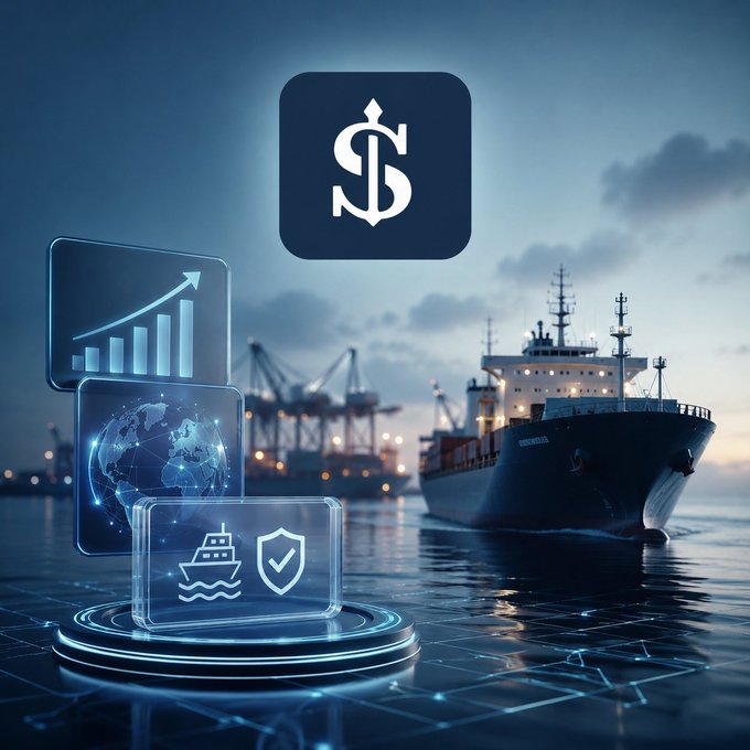 The image features a cargo ship docked at a port at dusk, with a prominent "S" logo resembling an anchor at the top and holographic data panels displaying growth charts, a globe, and a ship icon with a shield—symbolizing EthraShip's tokenization of real-world shipping assets. The post notes that EthraShip builds on top of Ethra, emphasizing how the protocol anchors its tokenized shipping economy to real, existing maritime infrastructure rather than speculative assets.