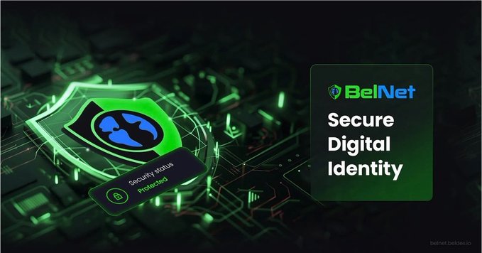 A digital advertisement for BelNet displays 'Secure Digital Identity' alongside a green shield icon and a 'Security status: Protected' badge.