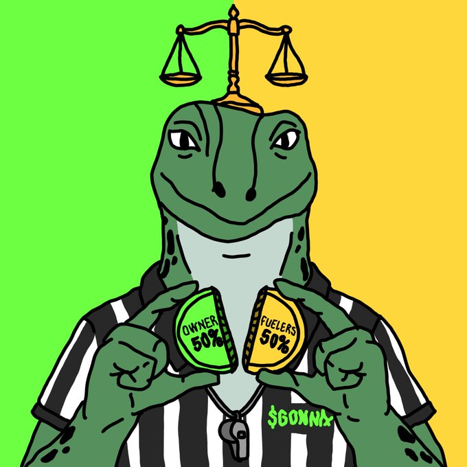 Cartoon illustration of a frog wearing a striped referee shirt with a balance scale on its head, holding a pie split into 'Owner 50%' and 'Fuelers 50%' halves, signed $GOXNAx.