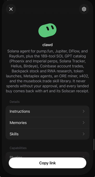 A mobile interface showing an agent named "clawd" described as a "Solana agent for pump.fun, Jupiter, DFlow, and Raydium," with expandable sections for Instructions, Memories, and Skills, and a "Copy link" button at the bottom—aligning with the post's request to onboard someone to the clawd bot.