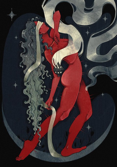 An artistic illustration of two red figures intertwined with flowing gray hair and ribbons against a dark night sky with stars.