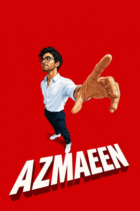 A movie or show poster features a man in glasses and a white shirt extending his hand toward the camera against a red background, with the title 'AZMAEEN' in large white text.
