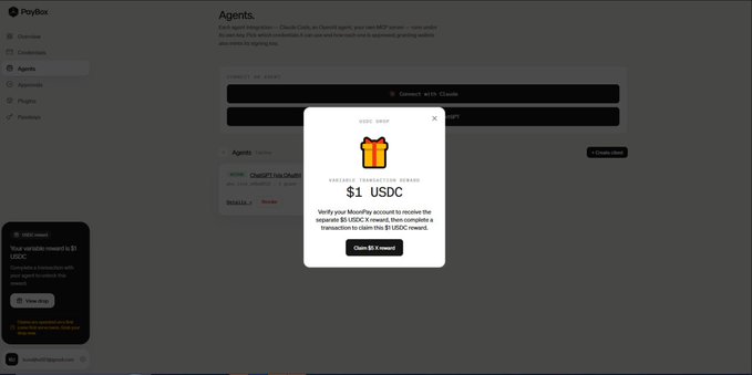 A screenshot of a web interface for 'PolyBox' showing a popup for a 'DODO DROP' offering a $1 USDC transaction reward, with a side panel confirming the USDC reward availability.