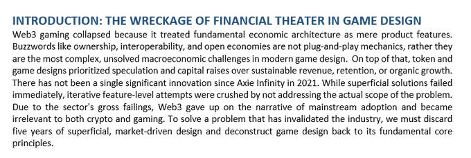 An introduction titled 'THE WRECKAGE OF FINANCIAL THEATER IN GAME DESIGN' criticizing Web3 gaming for treating economic architecture as product features and calling for a return to fundamental design principles.