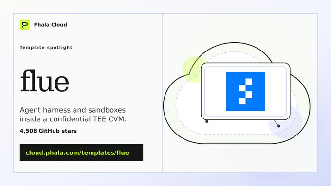 The image is an advertisement for a tool that helps TypeScript agents by providing them with harnesses for skills, tools, sessions, and sandboxes inside a confidential TEE CVM. The image features a blue shield with white text that reads "Flue", along with a graphic of a computer monitor displaying the number 4,900,000 stars. The post mentions this tool's focus on TypeScript agents, and it includes information about how to deploy the tool onto cloud platforms such as Phala.