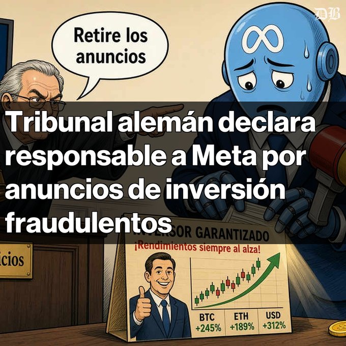 A Spanish-language news cartoon with the headline 'Tribunal alemán declara responsable a Meta por anuncios de inversión fraudulentos' showing a judge telling a Meta robot 'Retire los anuncios' regarding fraudulent investment advertisements.