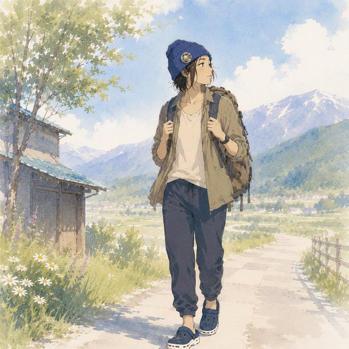 The image features a woman walking down a road with her back facing the camera. She has a backpack on her shoulders and appears to be wearing a hat. The background of the image shows mountains under a blue sky, adding to the overall atmosphere of the scene. There is also text in the image that reads "#stepn #stepn = stepn og og stepn = stepn og og stepn = stepn og og stepn = stepn og og stepn".