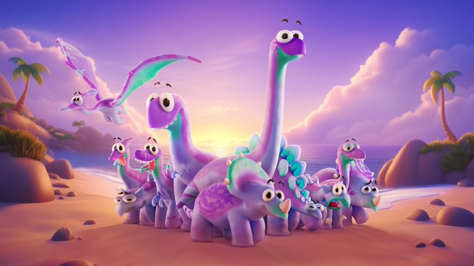 A 3D-rendered scene featuring a group of cartoonish purple and pink dinosaurs, including a pterodactyl, gathered on a beach at sunset.