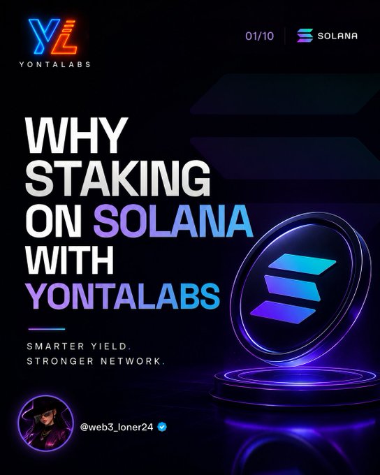 The image features a coin with a purple background, which has the word "Solana" written on it. The text below the coin reads, "Why staking on Solana with YOLA? Smarter yield. Stronger network." This suggests that the coin is related to the Ethereum blockchain and is designed for use on the Solana cryptocurrency platform. The image also includes a social media post from someone named @Web2Jers4, who has tagged the image with their account.