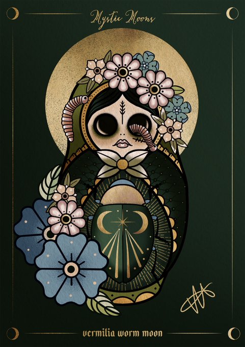 An illustrated tarot-style card titled 'Mystic Moons' at the top and 'vermilia worm moon' at the bottom, featuring a skull-faced figure adorned with flowers against a dark green background with moon phases.