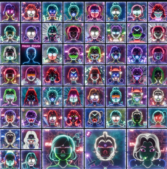A grid of neon-style cyberpunk avatar illustrations with glowing outlines in various colors, one panel labeled "Neon Souls."
