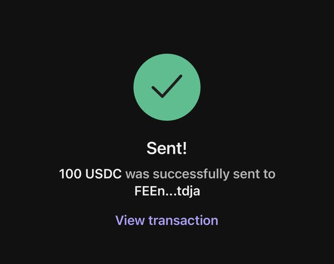 A transaction confirmation screen showing "Sent!" with a green checkmark, displaying that 100 USDC was successfully sent to a partial wallet address "FEEn...tdja," with a "View transaction" link. This image appears to serve as visual proof for a supposed USDC giveaway, though it only shows a single transfer rather than multiple winners, which is inconsistent with the post's claim of selecting 5 random Solana wallets.