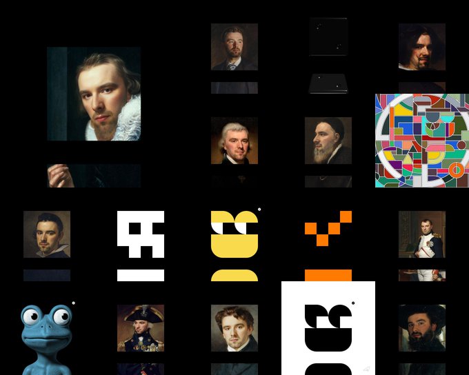 A collage on a black background featuring classical portrait paintings of various historical figures alongside colorful geometric logos and a blue frog figurine in the bottom left corner.