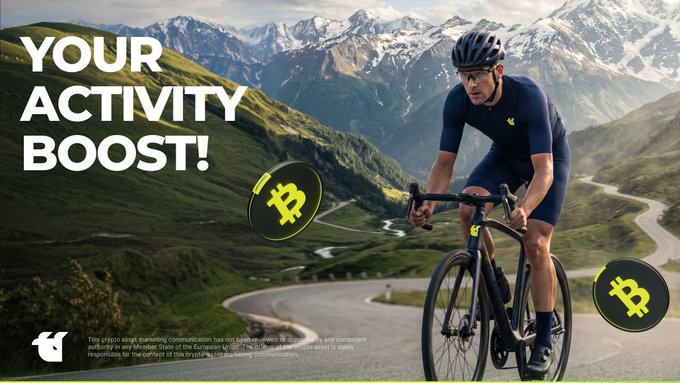 A cyclist in gear rides through a mountainous landscape with floating Bitcoin coins, under the bold text "YOUR ACTIVITY BOOST!" and a small disclaimer at the bottom noting the promo isn't investment advice. The image visually reinforces the post's call to action—urging traders to boost their trading activity on WhiteBIT to hit the required volume before the final countdown ends.